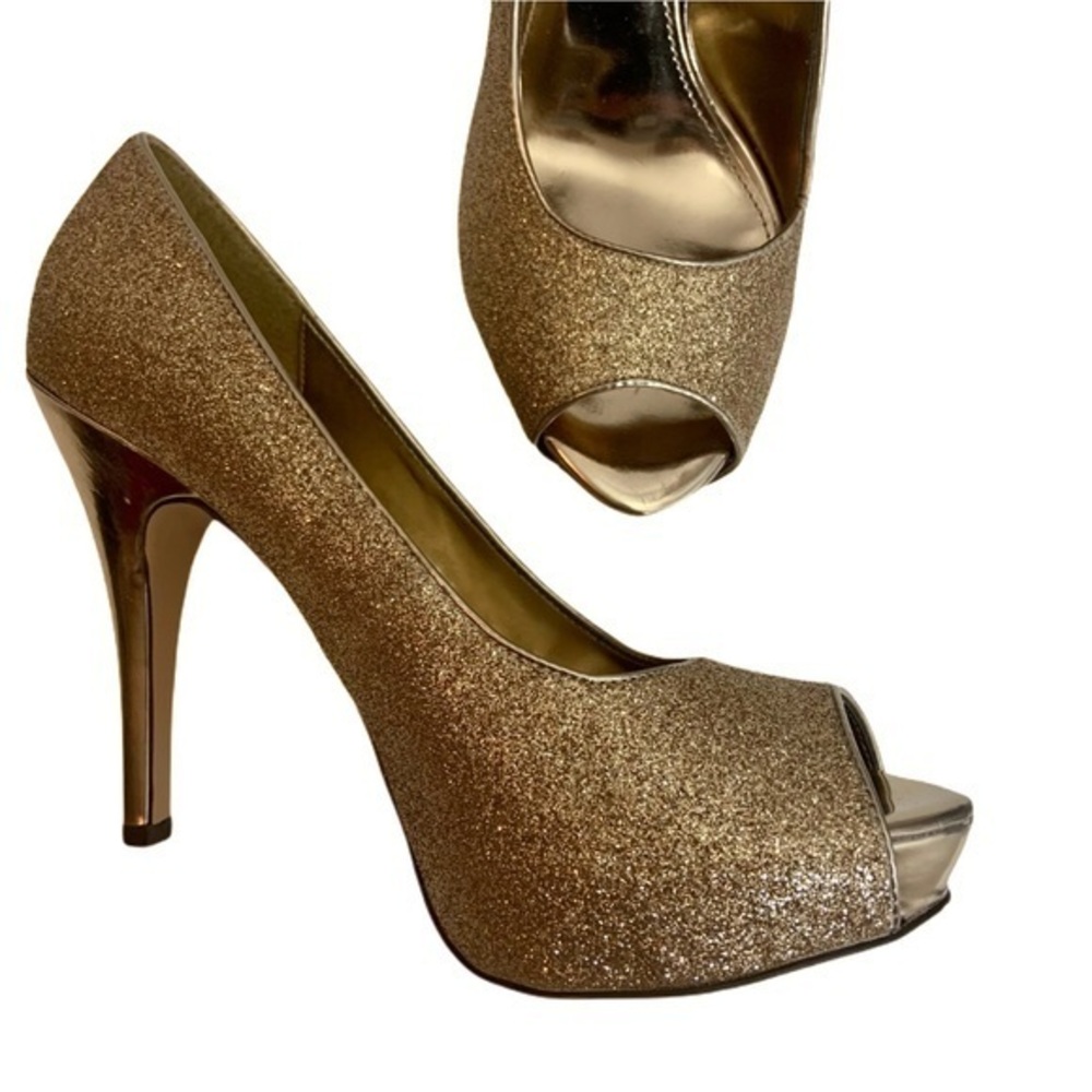 Jacqueline Ferrar Champagne Gold Glitter Special Occasion Open Toe Heels Pumps